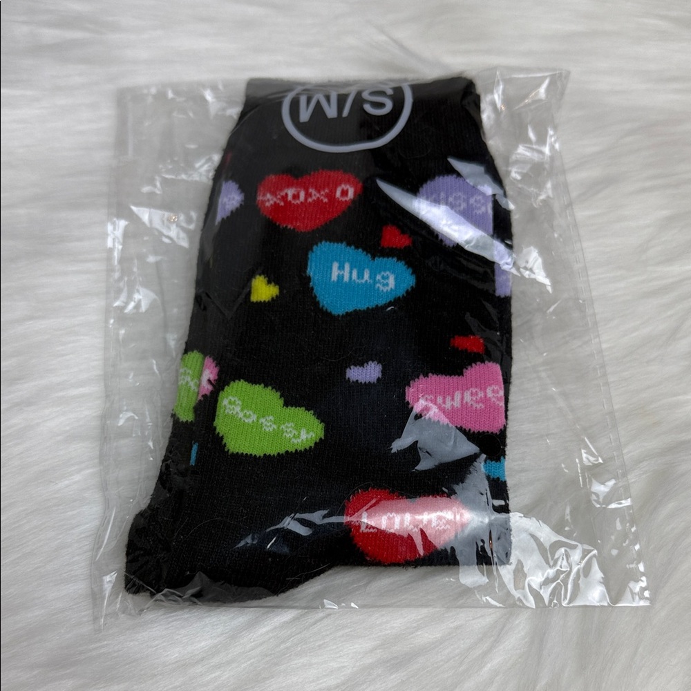 Colorful Heart Pattern Black Crew Socks, Valentine’s Day Socks Size M